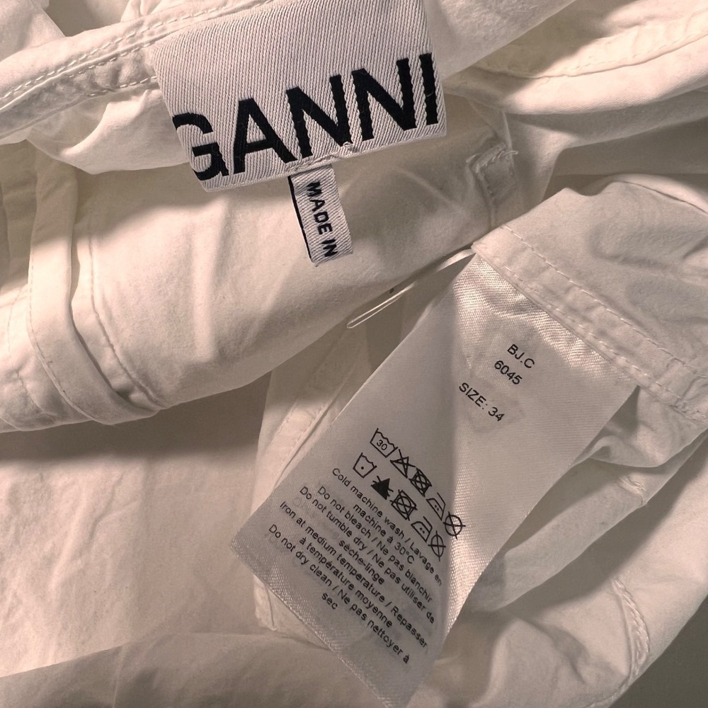 Ganni Poplin V Neck Shirt Women 34 White Organic Cotton Ruffle Peter Pan Collar - Picture 7 of 9